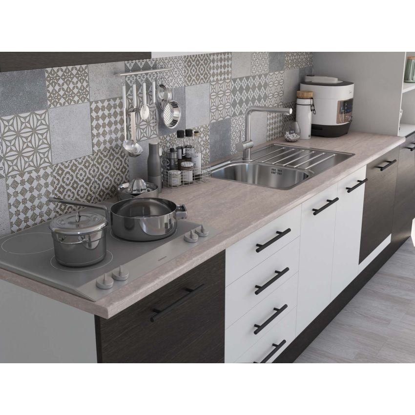 Bucatarie Alfa 320, alb/wenge, blat termic travertin, corp pentru cuptor incorporabil