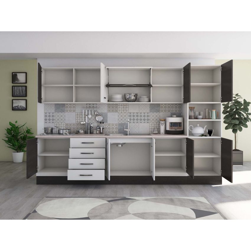 Bucatarie Alfa 320, alb/wenge, blat termic travertin, corp pentru cuptor incorporabil