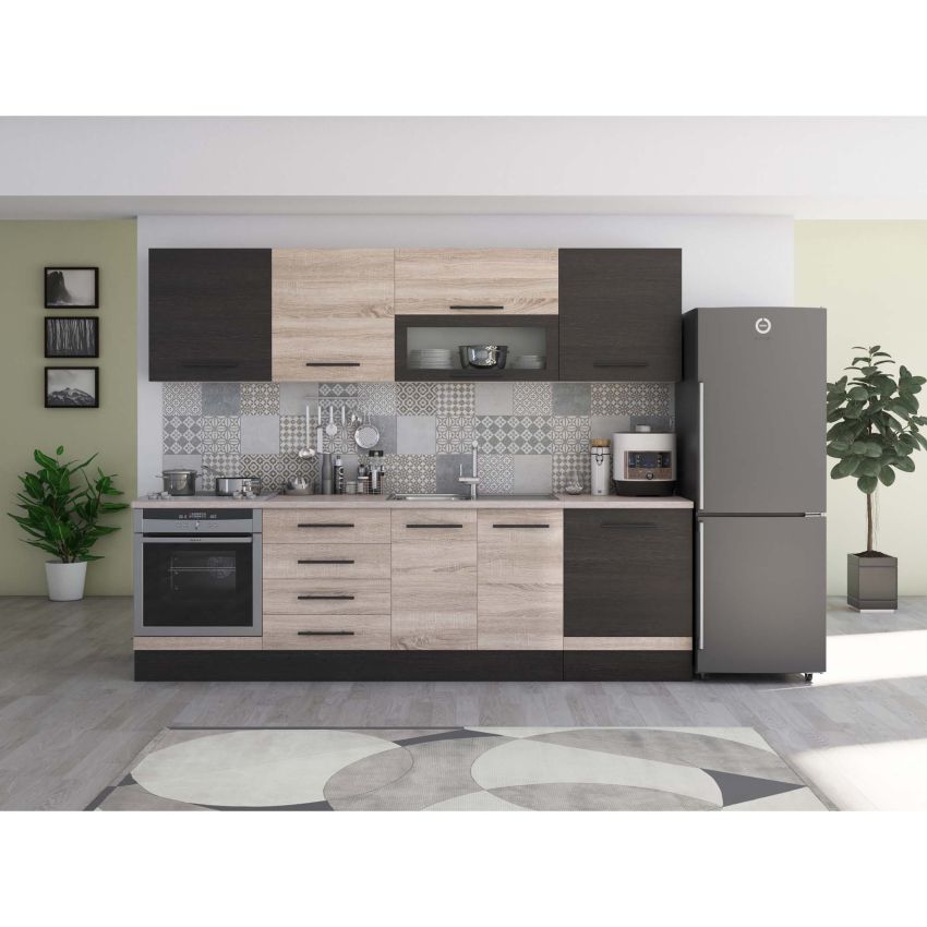 Bucatarie Alfa 260, Cu vitrina, Sonoma/Wenge, Blat termic travertin