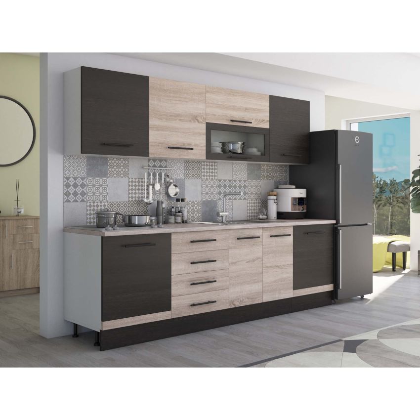 Bucatarie Alfa 260, Cu vitrina, Sonoma/Wenge, Blat termic travertin