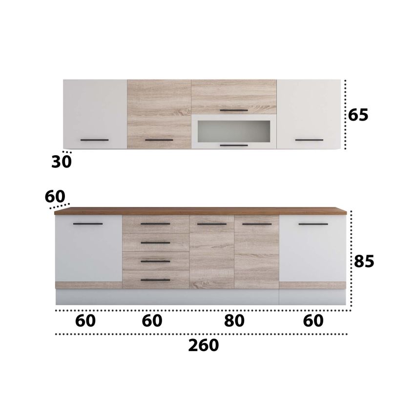 Bucatarie Alfa 260, Cu vitrina, Sonoma/Alb, Blat termic nuc