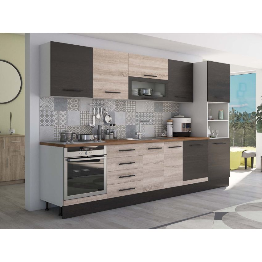 Bucatarie Alfa 320, sonoma/wenge, blat termic travertin, corp pentru cuptor incorporabil