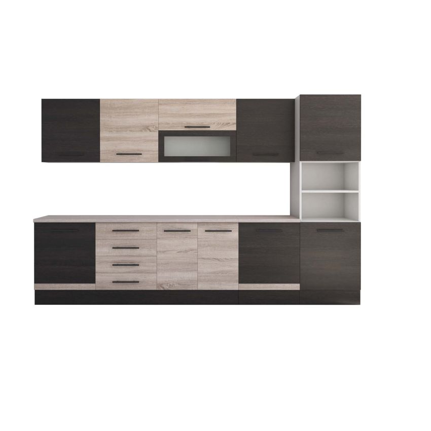 Bucatarie Alfa 320, sonoma/wenge, blat termic travertin, corp pentru cuptor incorporabil