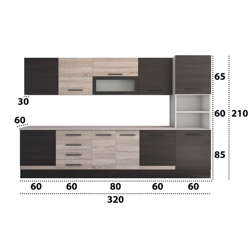 Bucatarie Alfa 320, sonoma/wenge, blat termic travertin, corp pentru cuptor incorporabil