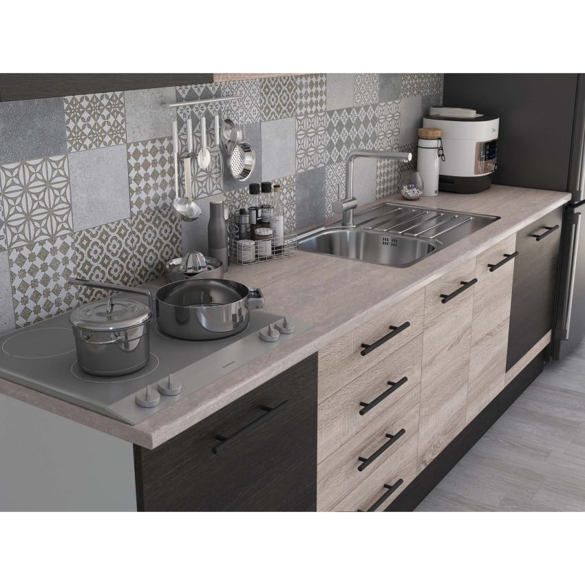 Bucatarie Alfa 260, Cu vitrina, Sonoma/Wenge, Blat termic travertin