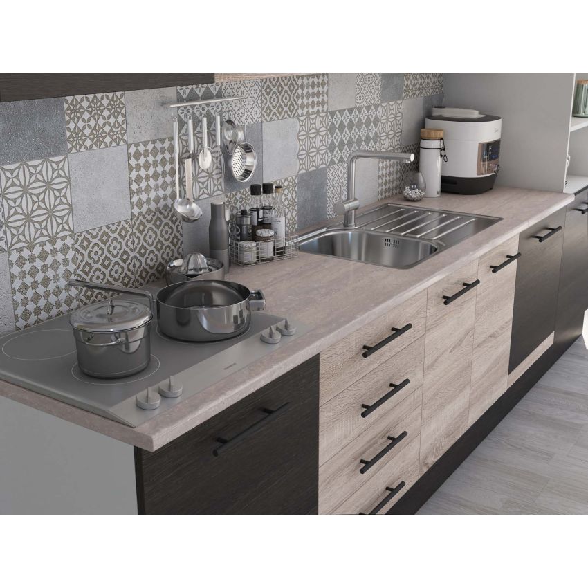 Bucatarie Alfa 320, sonoma/wenge, blat termic travertin, corp pentru cuptor incorporabil