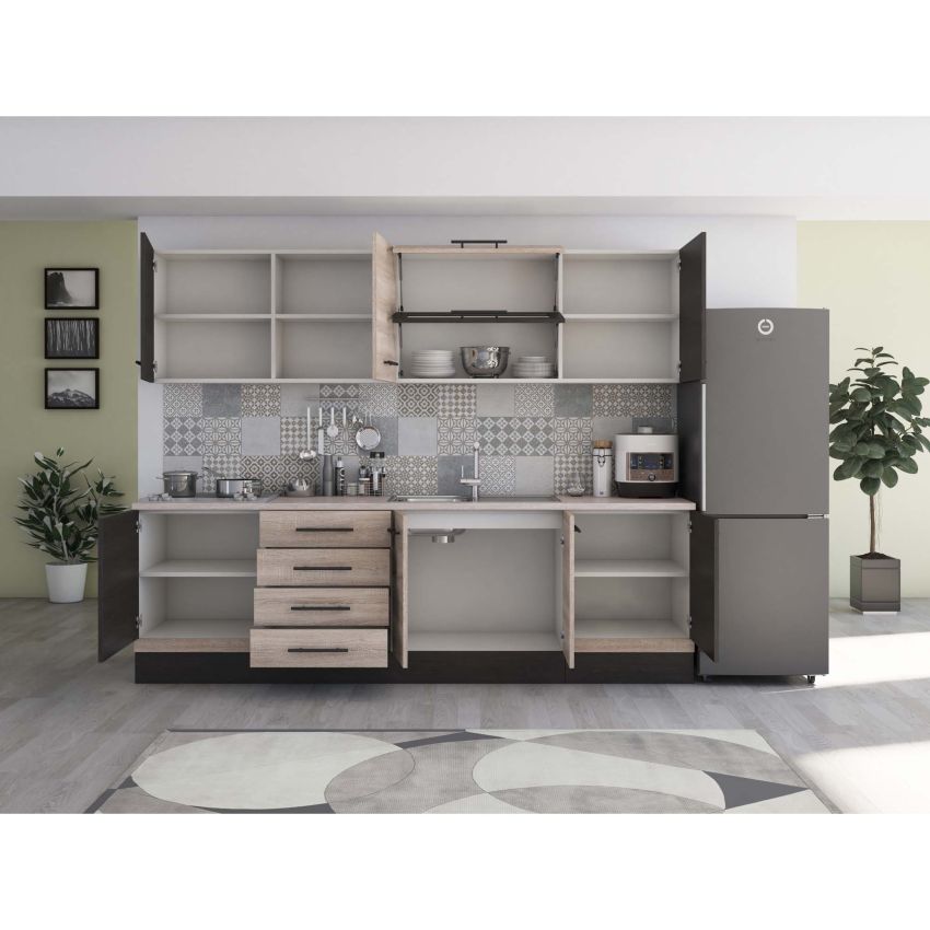 Bucatarie Alfa 260, Cu vitrina, Sonoma/Wenge, Blat termic travertin