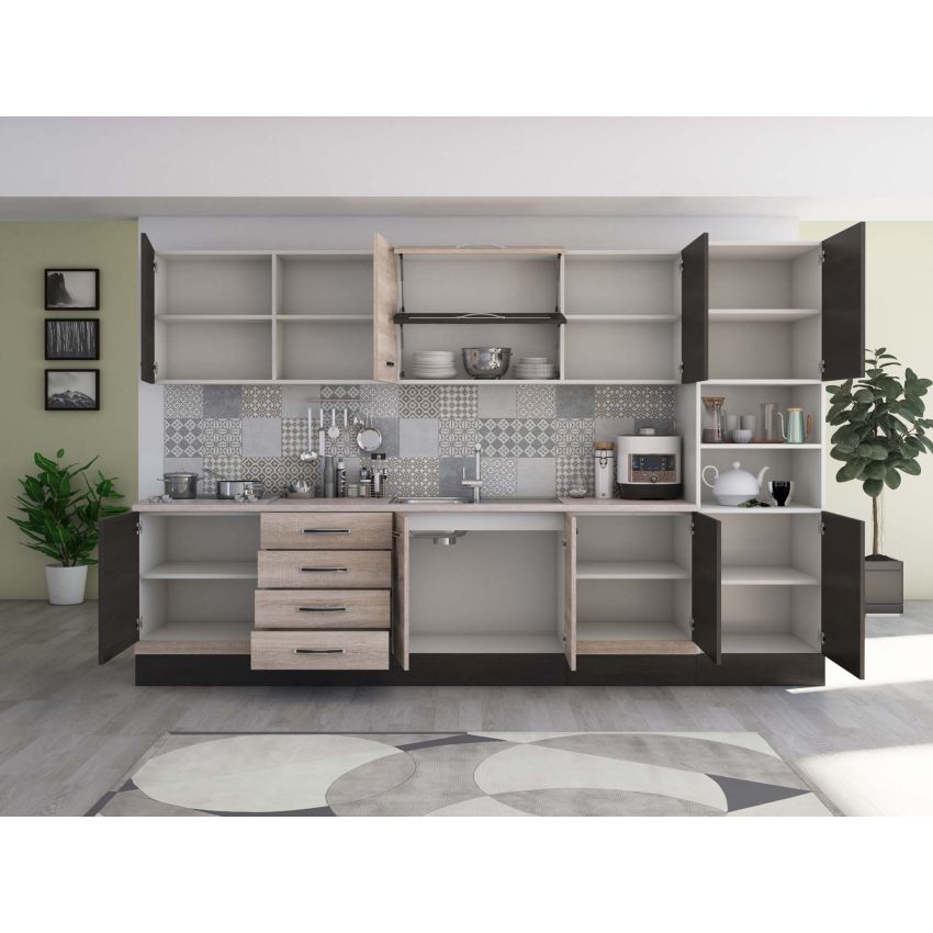 Bucatarie Alfa 320, sonoma/wenge, blat termic travertin, corp pentru cuptor incorporabil