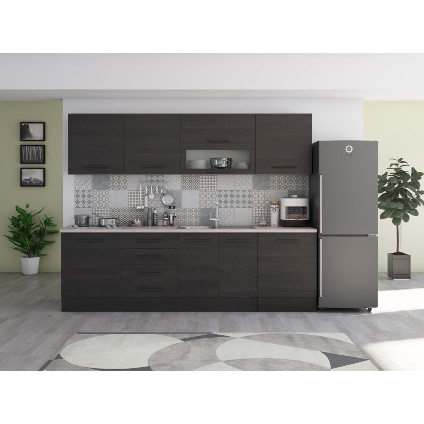Bucatarie Alfa 260, Cu vitrina, Alb, Blat termic travertin