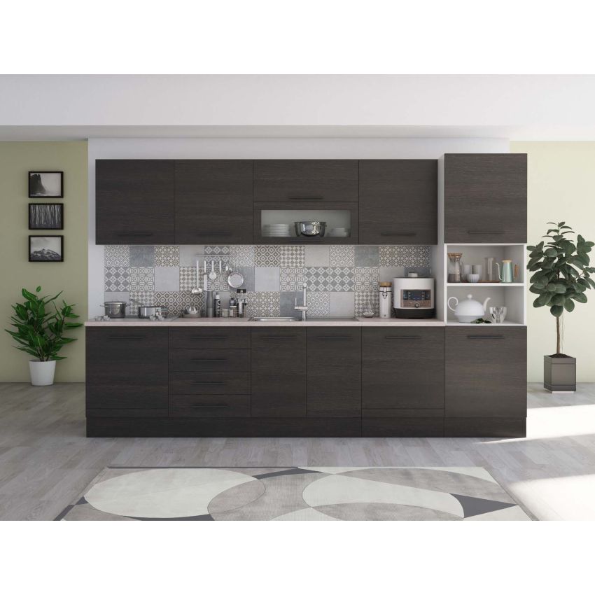 Bucatarie Alfa 320, alb, blat termic travertin, corp pentru cuptor incorporabil
