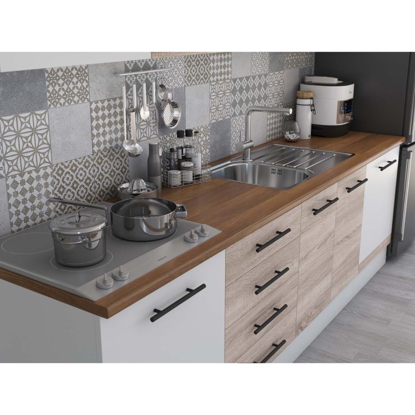 Bucatarie Alfa 260, Cu vitrina, Sonoma/Alb, Blat termic nuc
