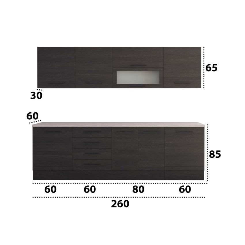Bucatarie Alfa 260, Cu vitrina, Wenge, Blat termic travertin