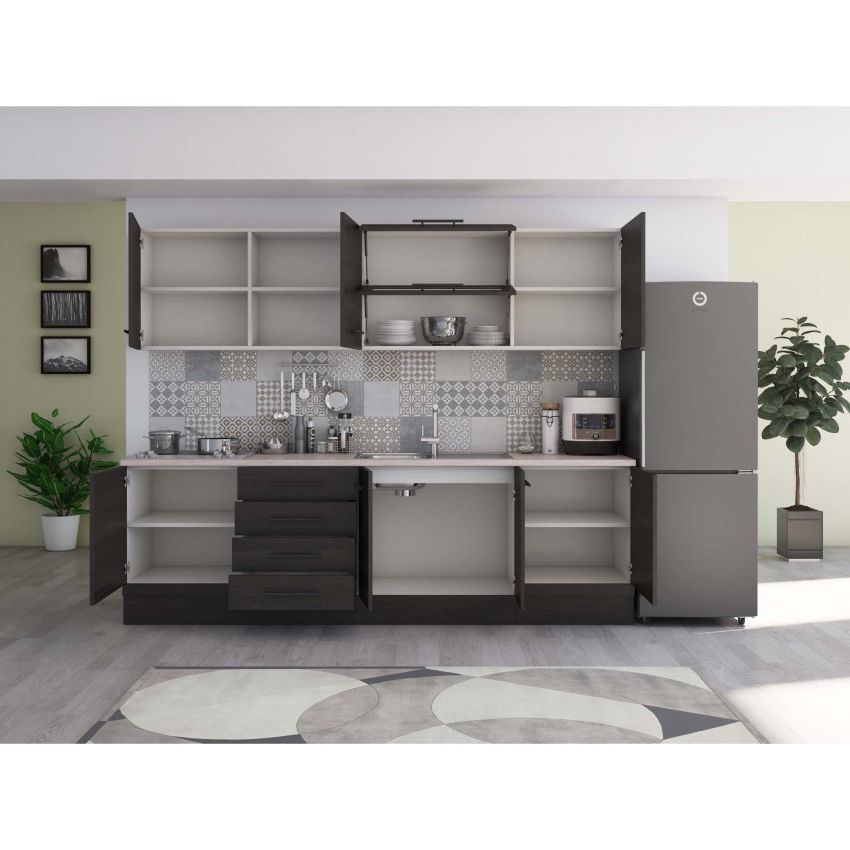 Bucatarie Alfa 260, Cu vitrina, Wenge, Blat termic travertin