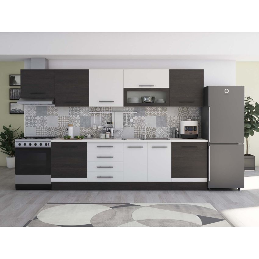Bucatarie Alfa 320, alb/sonoma, blat termic alb, corp hota