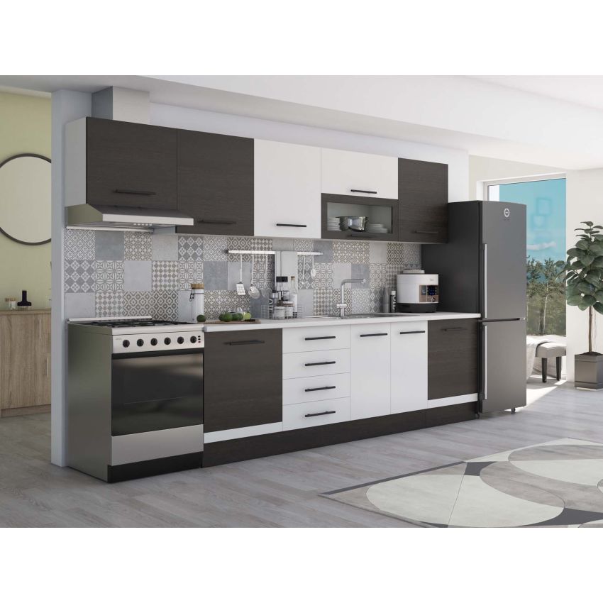 Bucatarie Alfa 320, alb/wenge, blat termic alb, corp hota