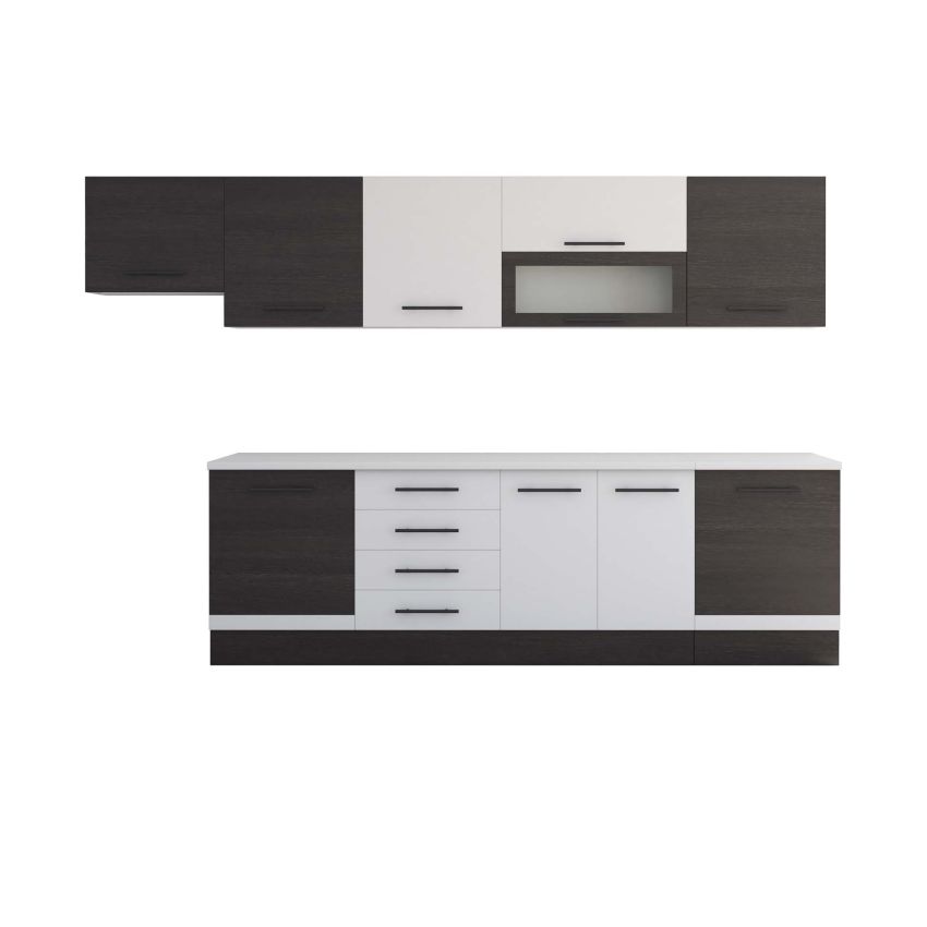 Bucatarie Alfa 320, alb/wenge, blat termic alb, corp hota