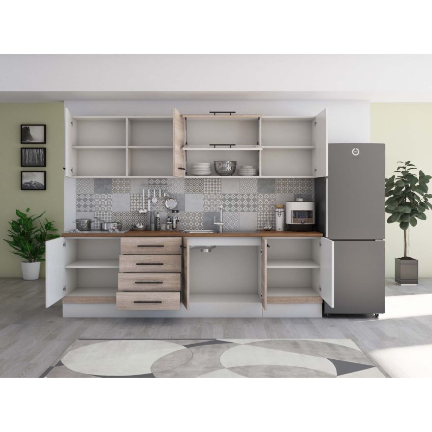 Bucatarie Alfa 260, Cu vitrina, Sonoma/Alb, Blat termic nuc