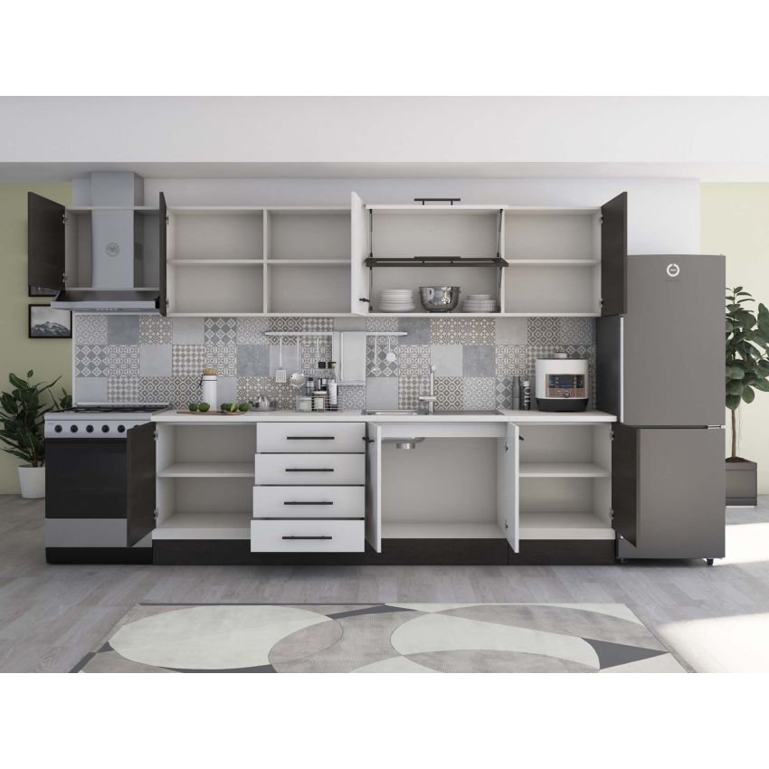 Bucatarie Alfa 320, alb/wenge, blat termic alb, corp hota