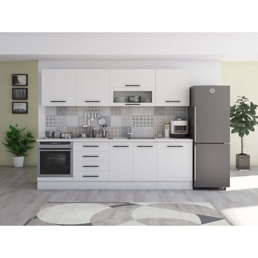 Bucatarie Alfa 260, Cu vitrina, Alb, Blat termic alb