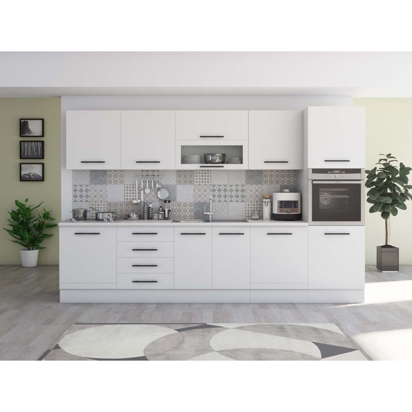 Bucatarie Alfa 320, alb, blat termic alb, corp pentru cuptor incorporabil
