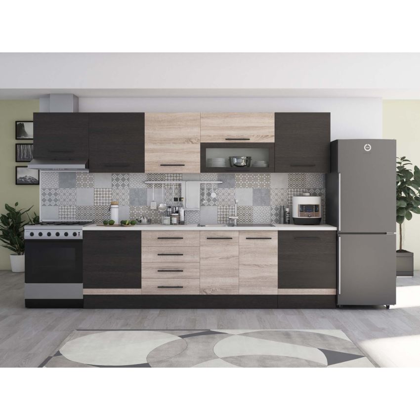 Bucatarie Alfa 320, alb/sonoma, blat termic alb, corp hota