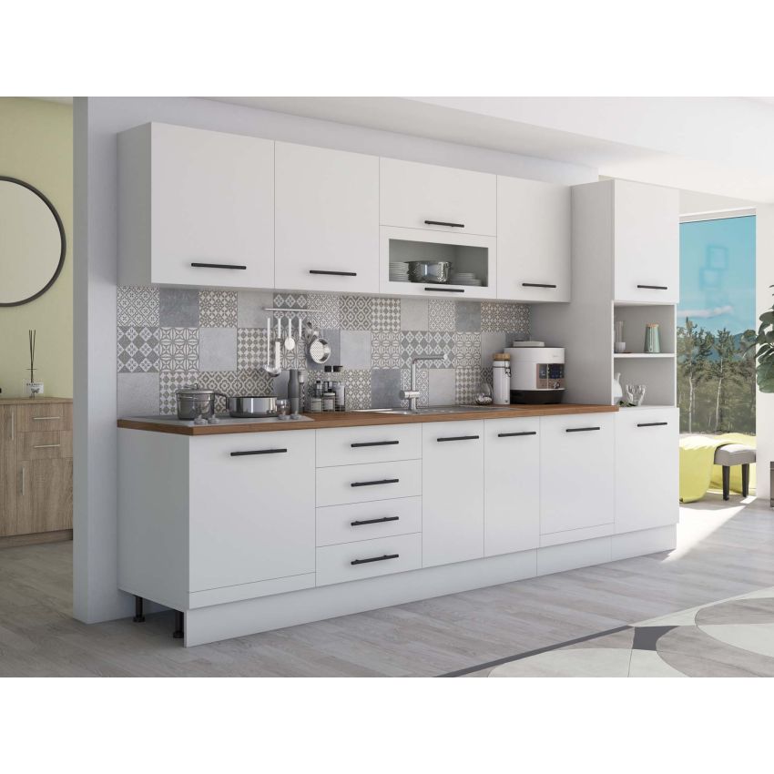 Bucatarie Alfa 320, alb, blat termic alb, corp pentru cuptor incorporabil