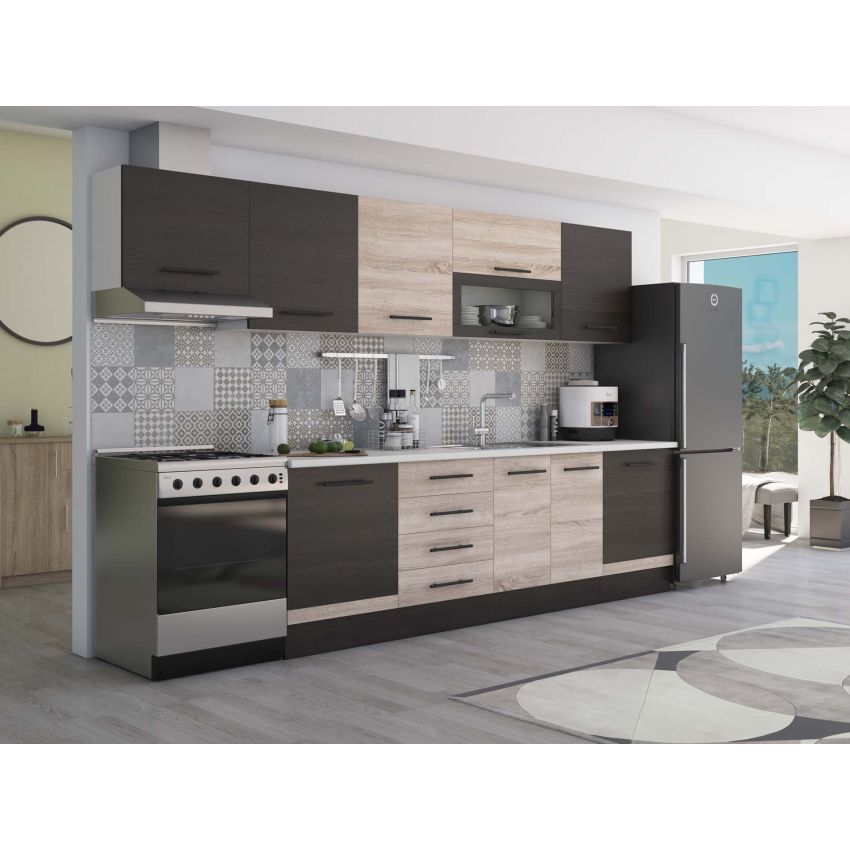 Bucatarie Alfa 320, sonoma/wenge, blat termic alb, corp hota