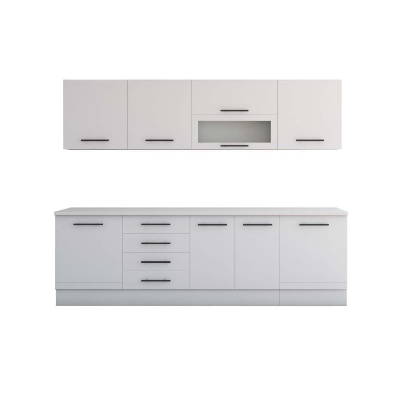 Bucatarie Alfa 260, Cu vitrina, Alb, Blat termic alb
