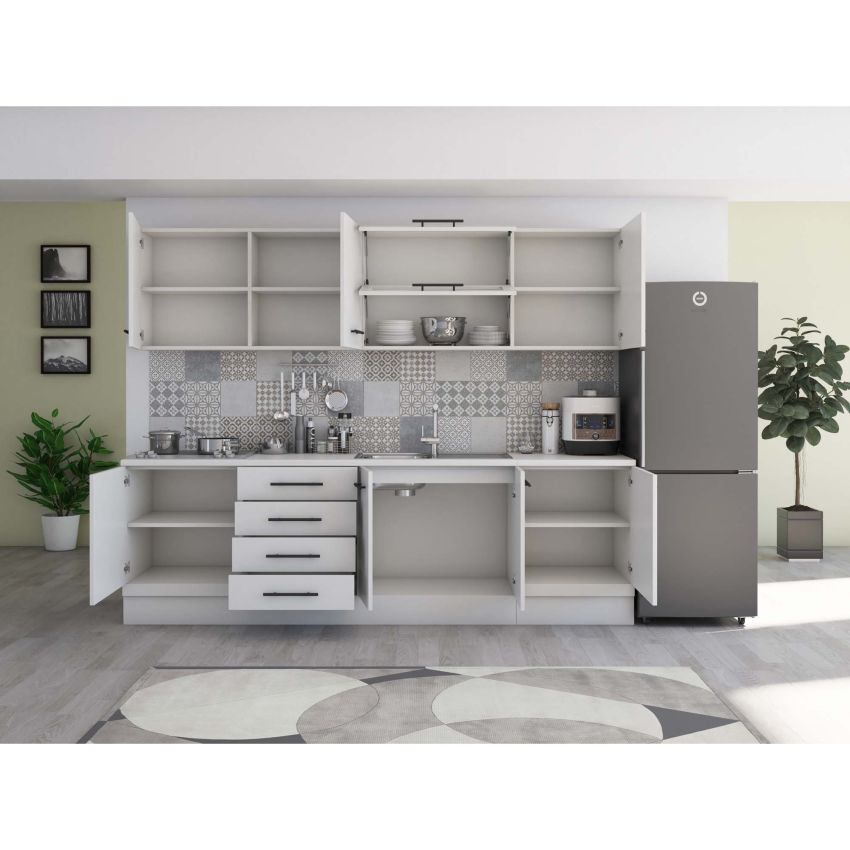 Bucatarie Alfa 260, Cu vitrina, Alb, Blat termic alb
