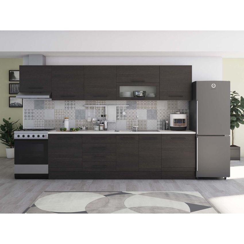 Bucatarie Alfa 320, alb/sonoma, blat termic alb, corp hota
