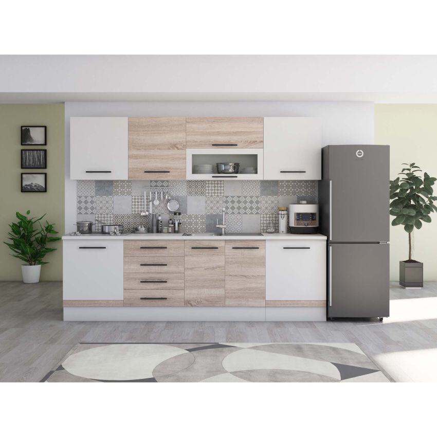Bucatarie Alfa 260, Cu vitrina, Alb, Blat termic alb
