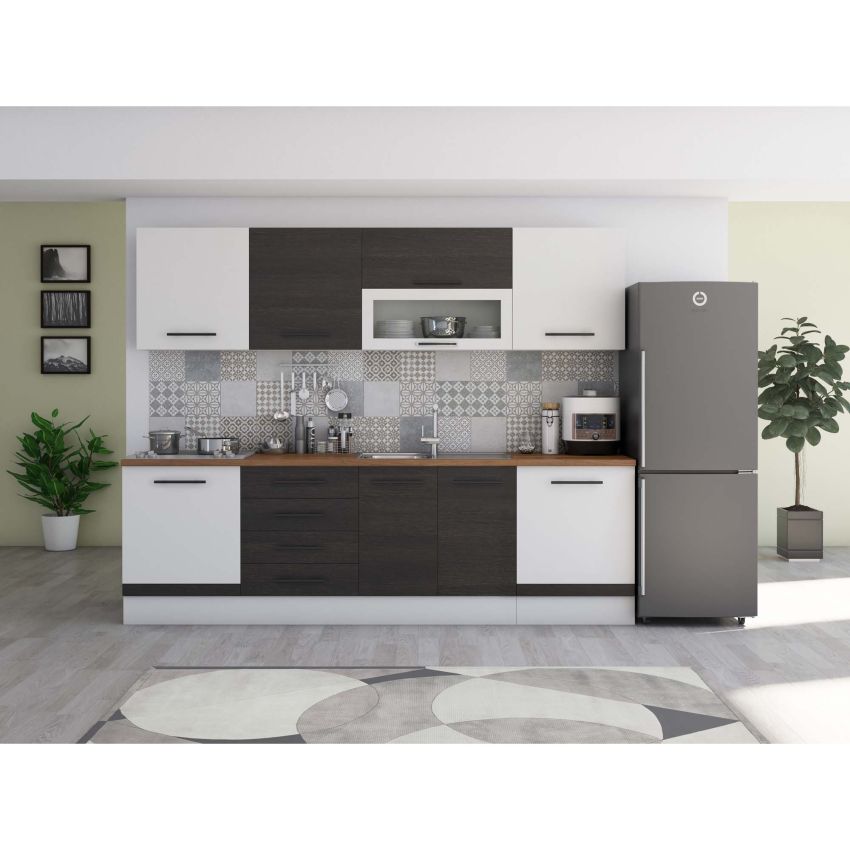 Bucatarie Alfa 260, Cu vitrina, Alb, Blat termic nuc