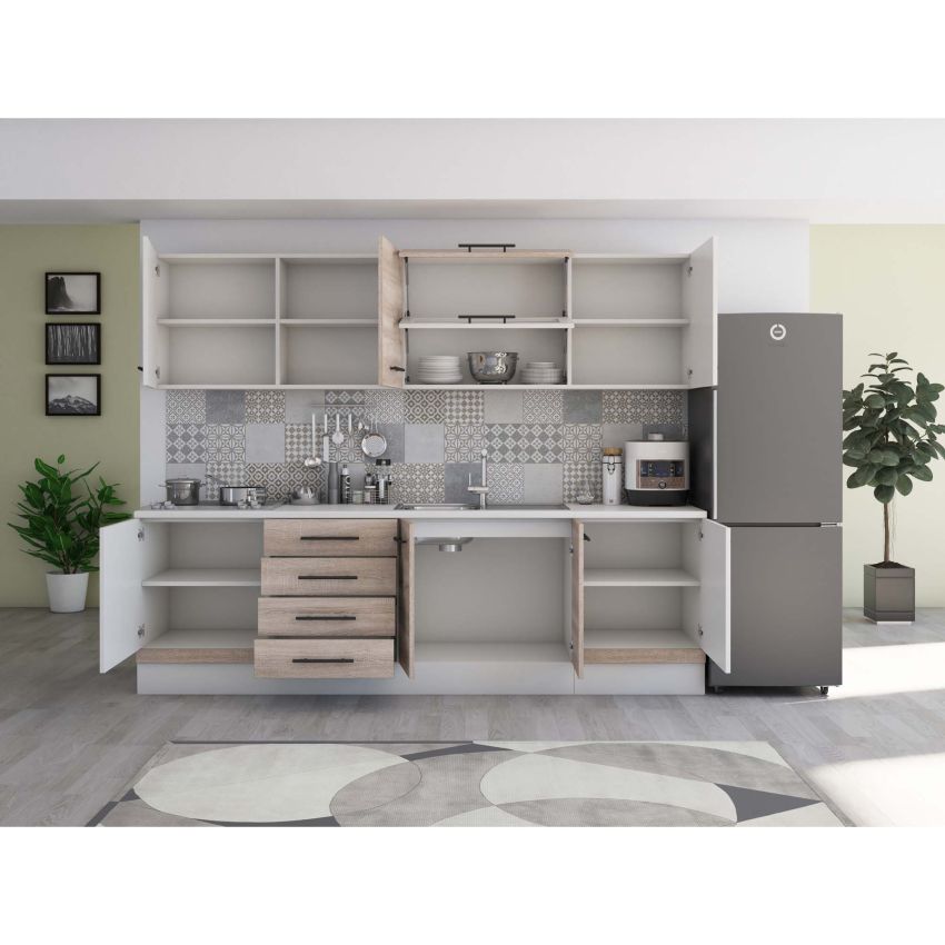 Bucatarie Alfa 260, Cu vitrina, Sonoma/Alb, Blat termic alb