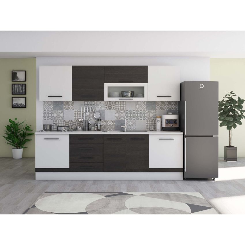 Bucatarie Alfa 260, Cu vitrina, Alb, Blat termic alb