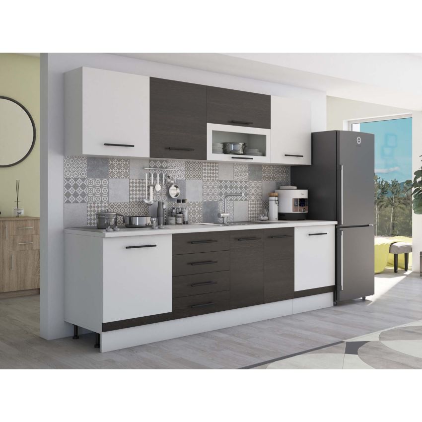 Bucatarie Alfa 260, Cu vitrina, Wenge/Alb, Blat termic alb