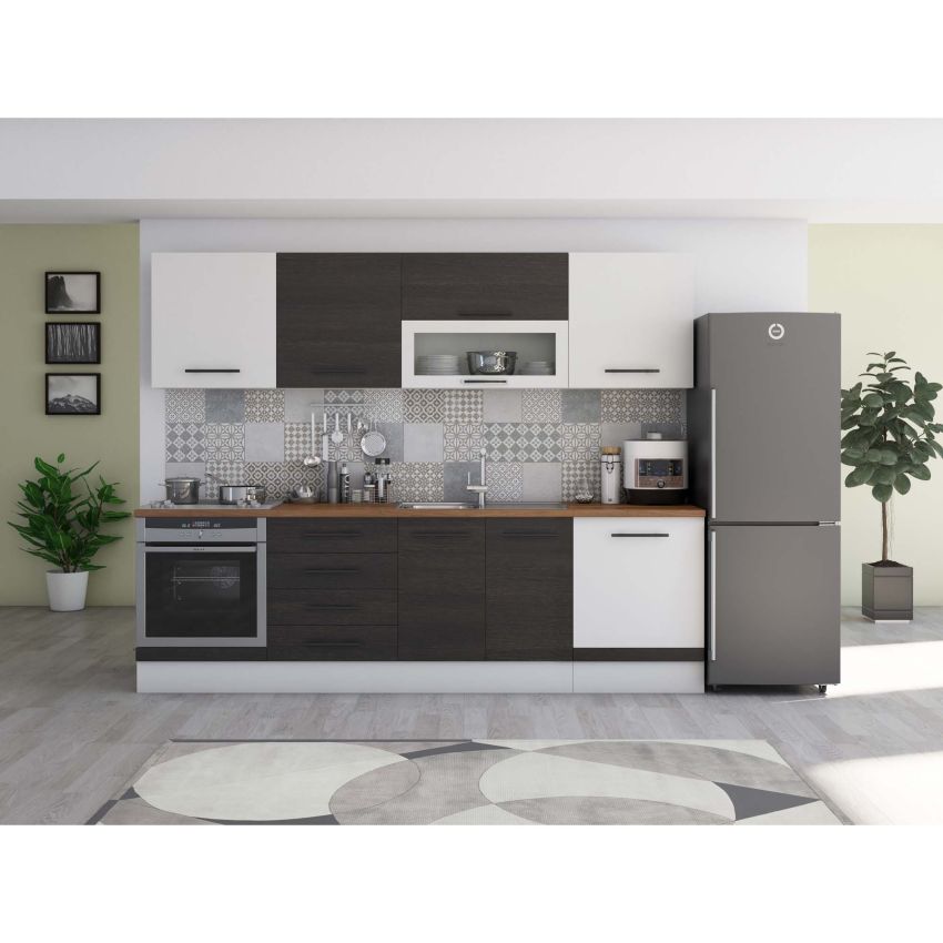 Bucatarie Alfa 260, Cu vitrina, Wenge/Alb, Blat termic nuc