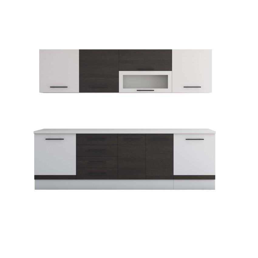 Bucatarie Alfa 260, Cu vitrina, Wenge/Alb, Blat termic alb