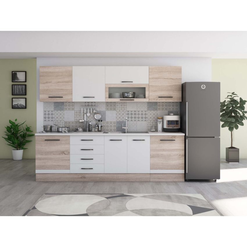 Bucatarie Alfa 260, Cu vitrina, Alb, Blat termic alb