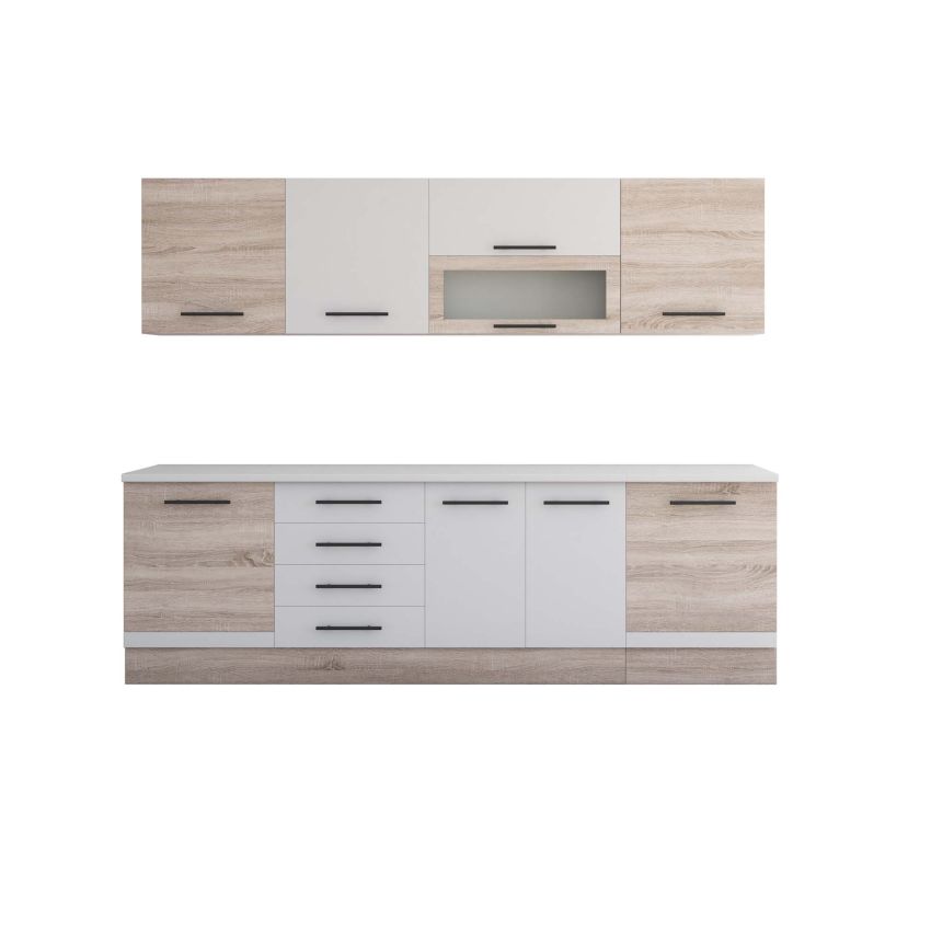 Bucatarie Alfa 260, Cu vitrina, Alb/Sonoma, Blat termic alb