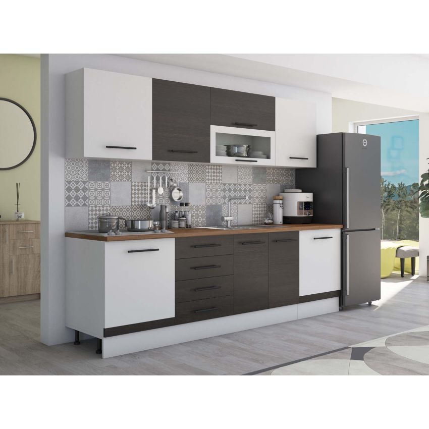 Bucatarie Alfa 260, Cu vitrina, Wenge/Alb, Blat termic nuc