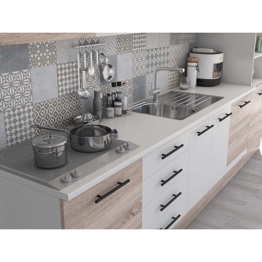 Bucatarie Alfa 320, alb/sonoma, blat termic alb, corp pentru cuptor incorporabil