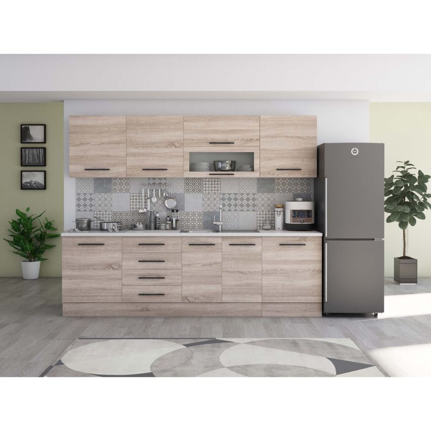 Bucatarie Alfa 260, Cu vitrina, Alb, Blat termic alb