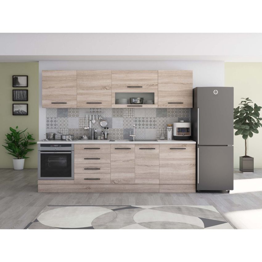 Bucatarie Alfa 260, Cu vitrina, Sonoma, Blat termic alb