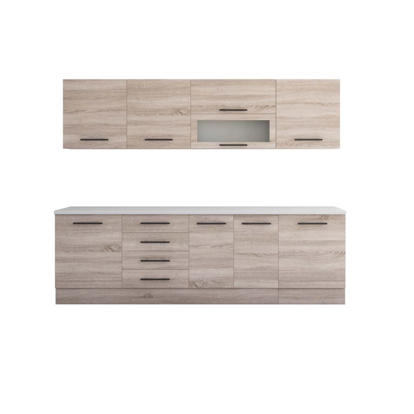Bucatarie Alfa 260, Cu vitrina, Sonoma, Blat termic alb