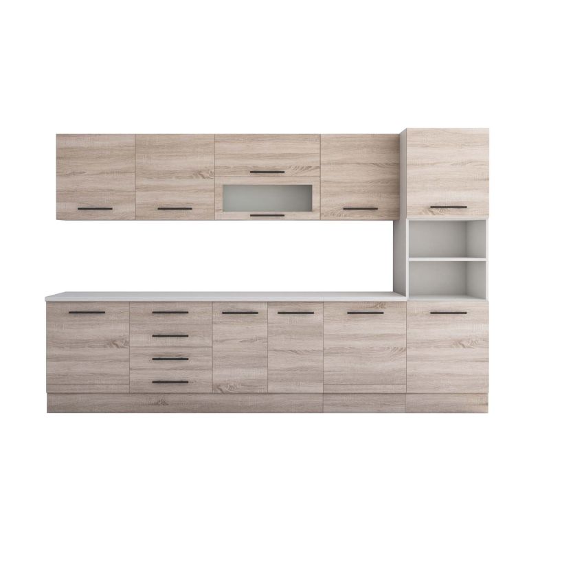 Bucatarie Alfa 320, sonoma, blat termic alb, corp pentru cuptor incorporabil