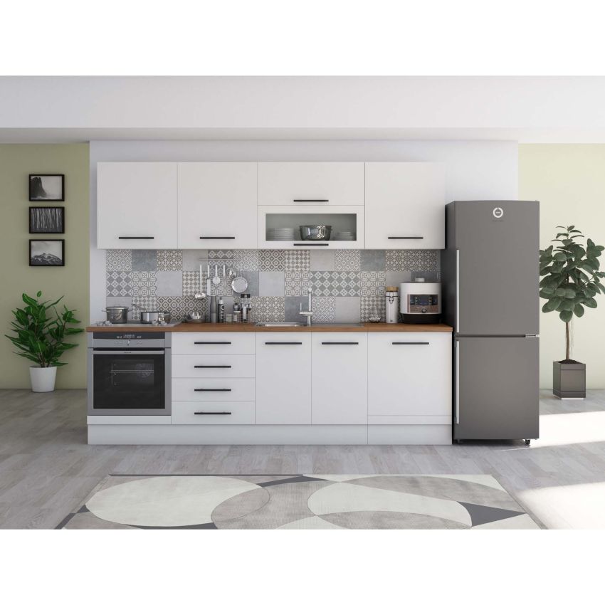 Bucatarie Alfa 260, Cu vitrina, Alb lucios, Blat termic nuc