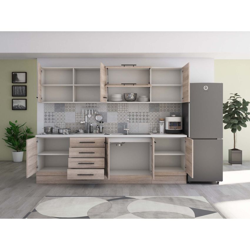 Bucatarie Alfa 260, Cu vitrina, Sonoma, Blat termic alb