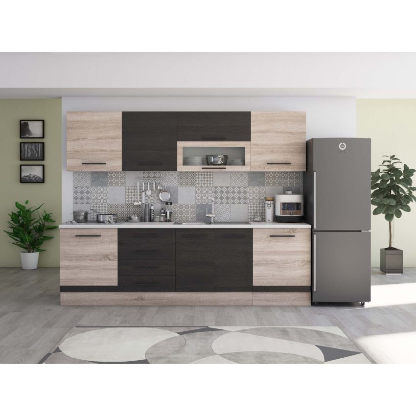 Bucatarie Alfa 260, Cu vitrina, Alb, Blat termic alb