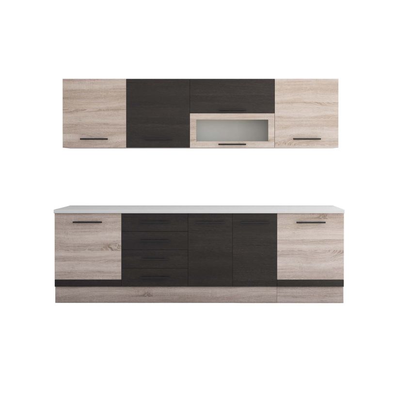 Bucatarie Alfa 260, Cu vitrina, Wenge/Sonoma, Blat termic alb