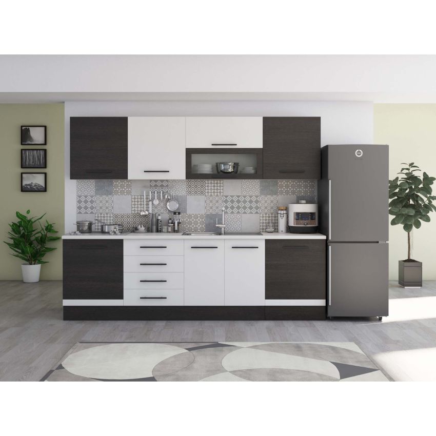 Bucatarie Alfa 260, Cu vitrina, Alb, Blat termic alb